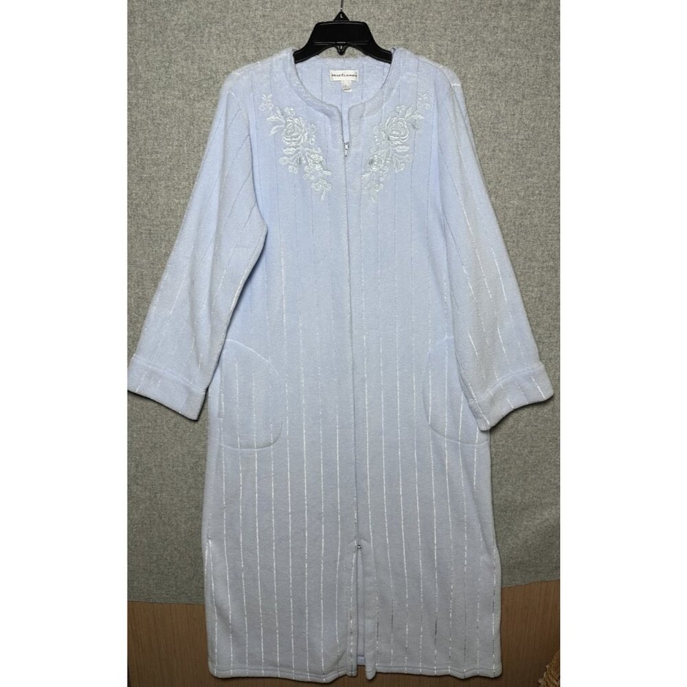 Miss Elaine Large Fleece Nightgown Robe‎ Full Zip Light Blue Embroidered Midi
